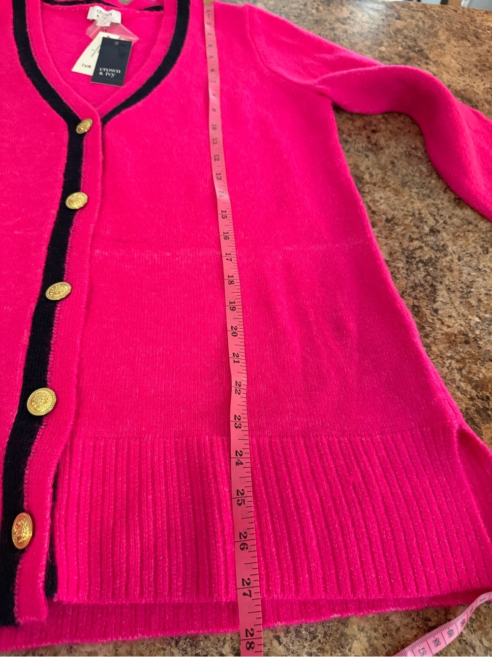 NWT Crown & Ivy Hot Pink Cardigan V Neck Black Trim Sweater Size M Barbiecore - Picture 6 of 6